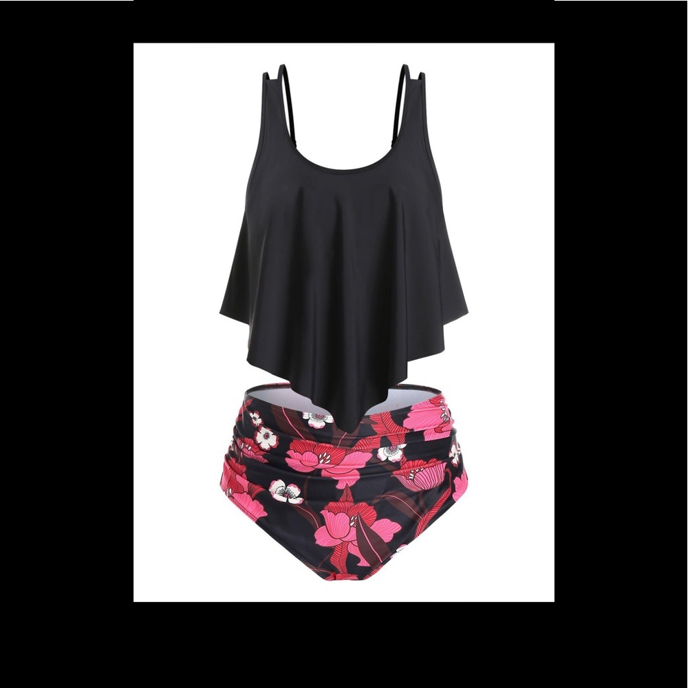 Plus Size Floral Print Ruffle Runched Tankini